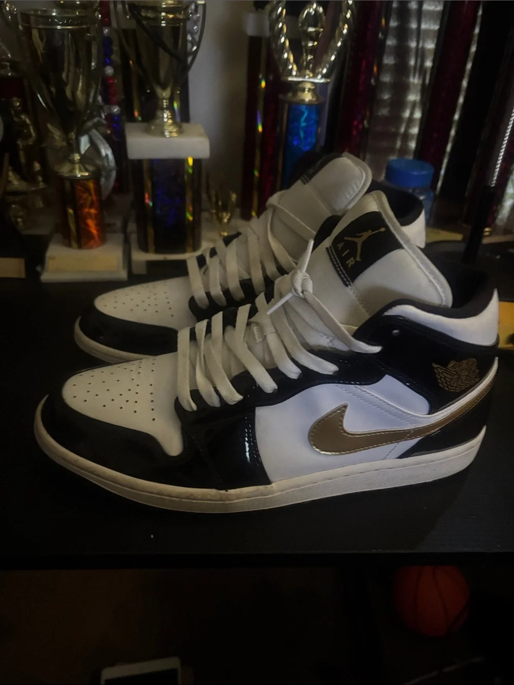 Jordan Kids High-Top Sneakers in White and Black with Gold Jumpman